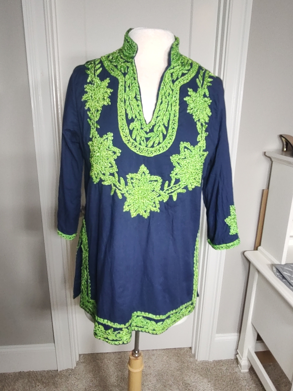 Gretchen Scott Designs Navy Tunic with Neon Green Embroidery
